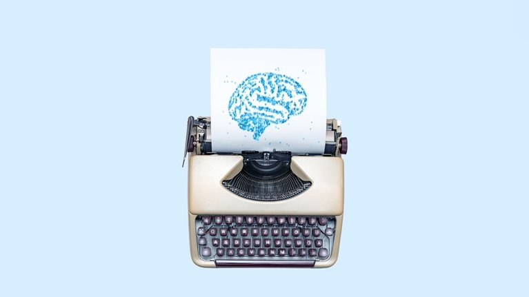 An old fashioned type writer with a sheet of paper advancing from it. The paper has the pattern of a brain made of recently typed letters imprinted upon it. 